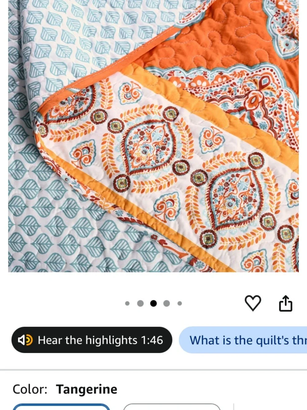 Orange Boho Paisley Quilted Bedspread reversible Teal Blue accents 2 shams King